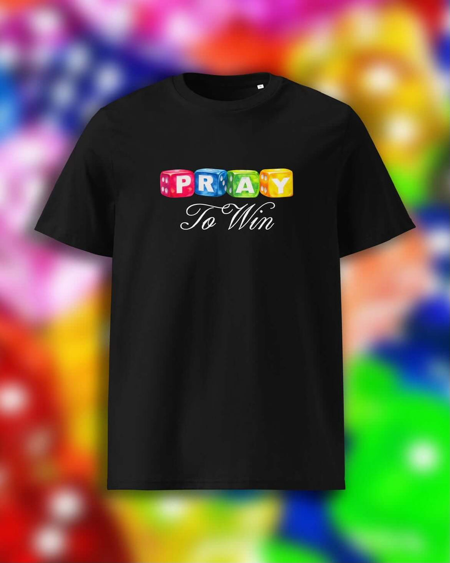 A black short-sleeve t-shirt with a colorful graphic on the chest that reads 'PRAY To Win' in block letters and cursive script, set against a vibrant, blurred multicolor background.