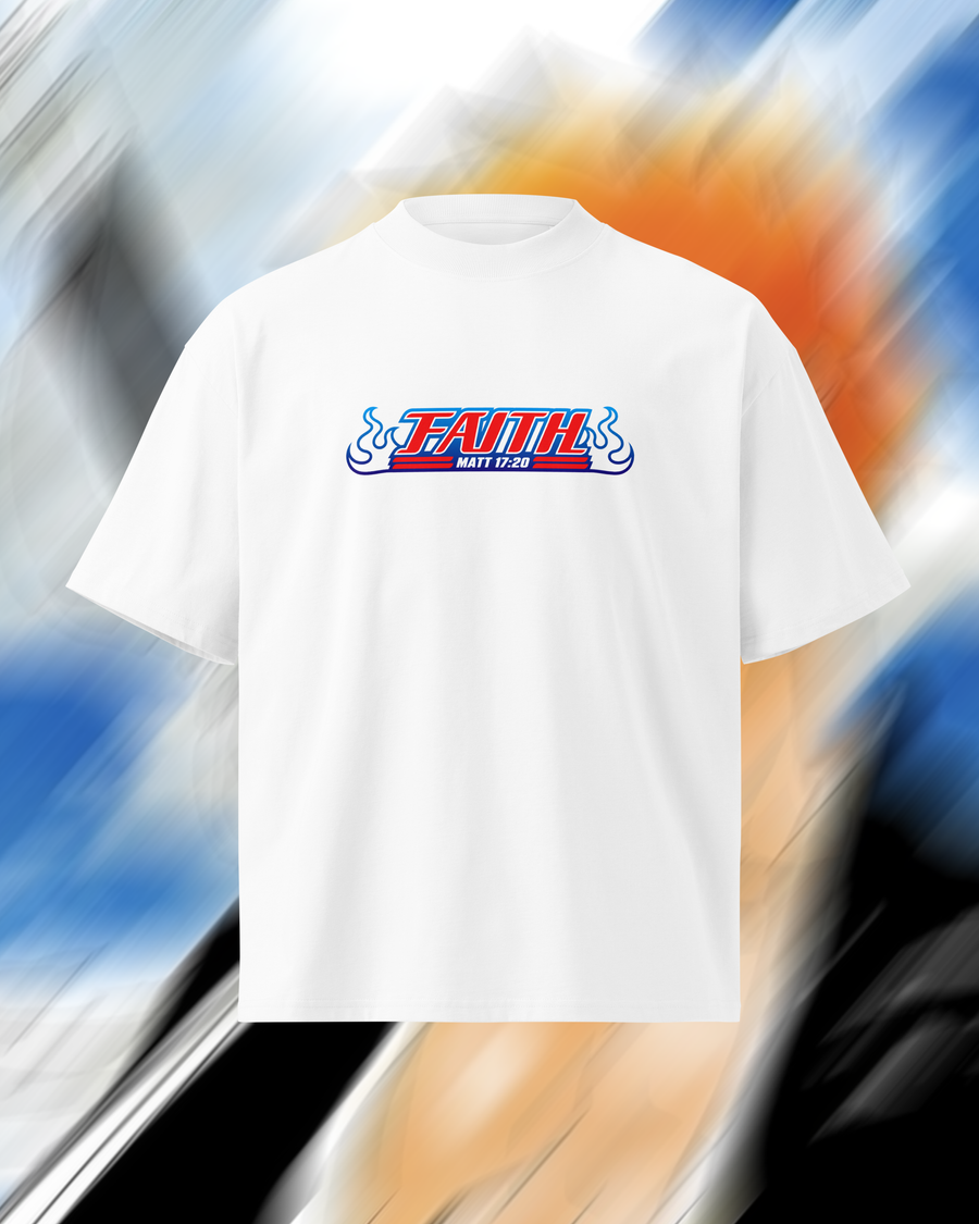 A white short-sleeve t-shirt with a 'FAITH WARRIOR' graphic printed on the chest, set against a blurred abstract background of blue, orange, and white.