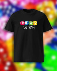 A black short-sleeve t-shirt with a colorful graphic on the chest that reads 'PRAY To Win' in block letters and cursive script, set against a vibrant, blurred multicolor background.